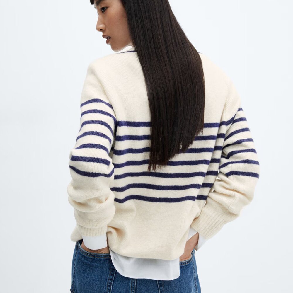Mango Ivory and Navy V-neck Striped Sweater/NWT/L - Picture 3 of 15